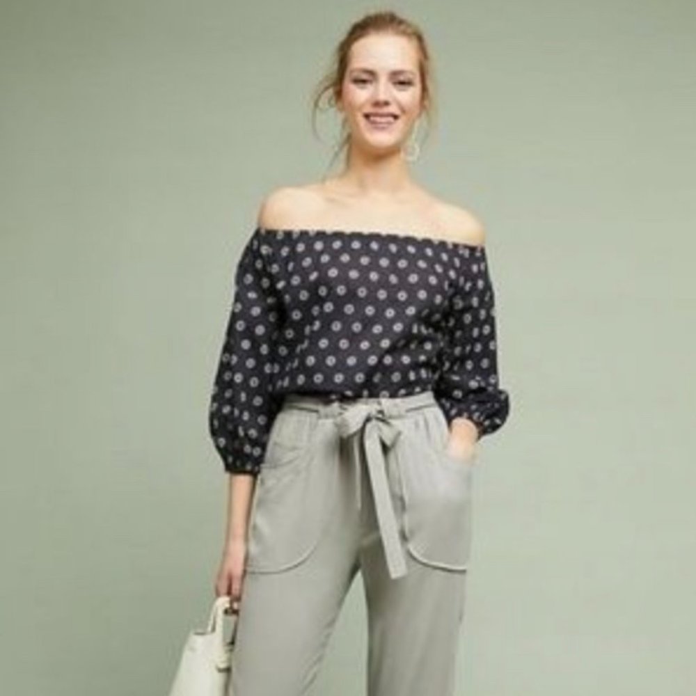 Anthropologie ~ Maeve ~ Off-shoulder gathered sleeve grey print blouse